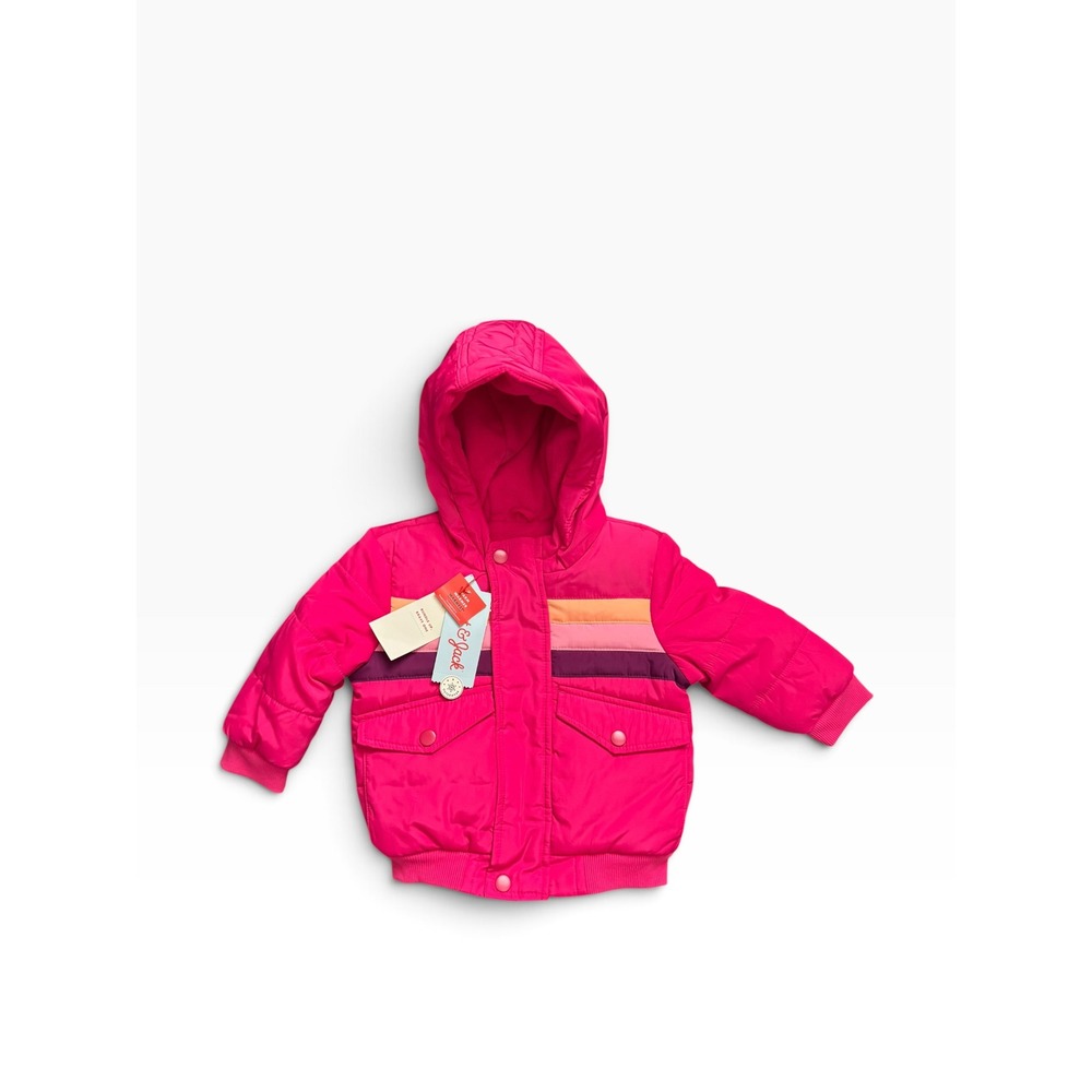 Cat & Jack Baby Girls Pink Puffer Jacket Hooded Retro Stripe 12M NWT